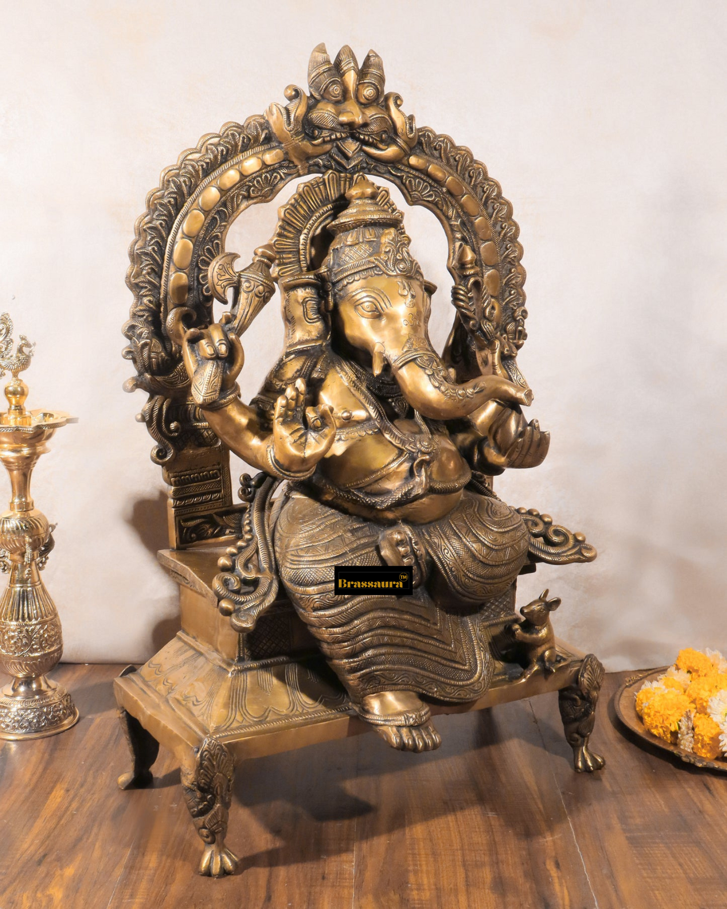 Brassaura™ Unique Brass Lord Ganesha Statue – 11.5" Height, 6.16 kg – Handcrafted Divine Elegance