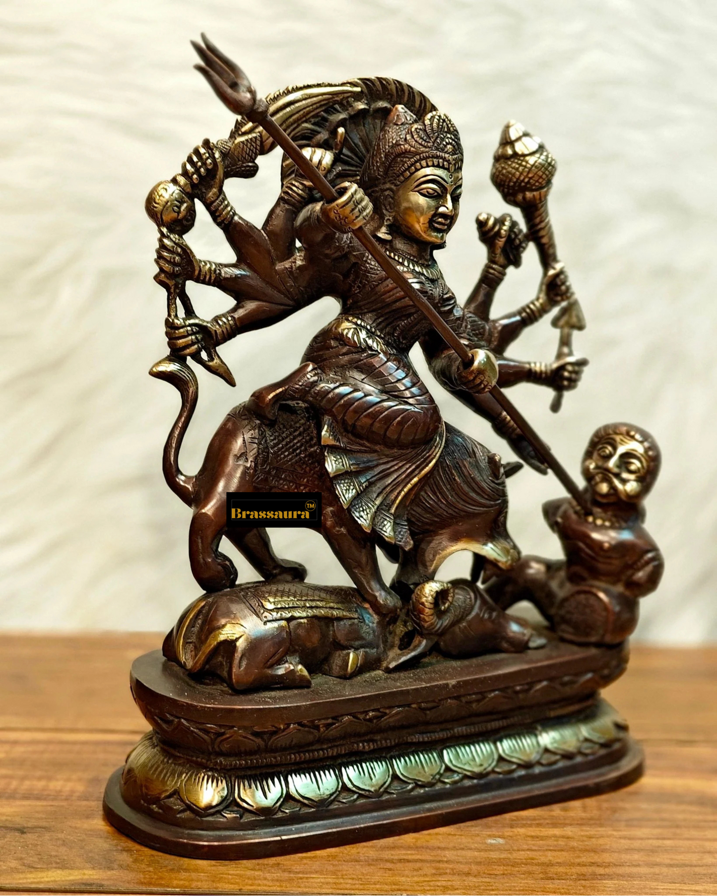 Brassaura™ Brass Goddess Durga as Mahishasura Mardini Idol – 8kg, 13.5-Inch – Fierce & Protective Divine Energy in Pure Brass