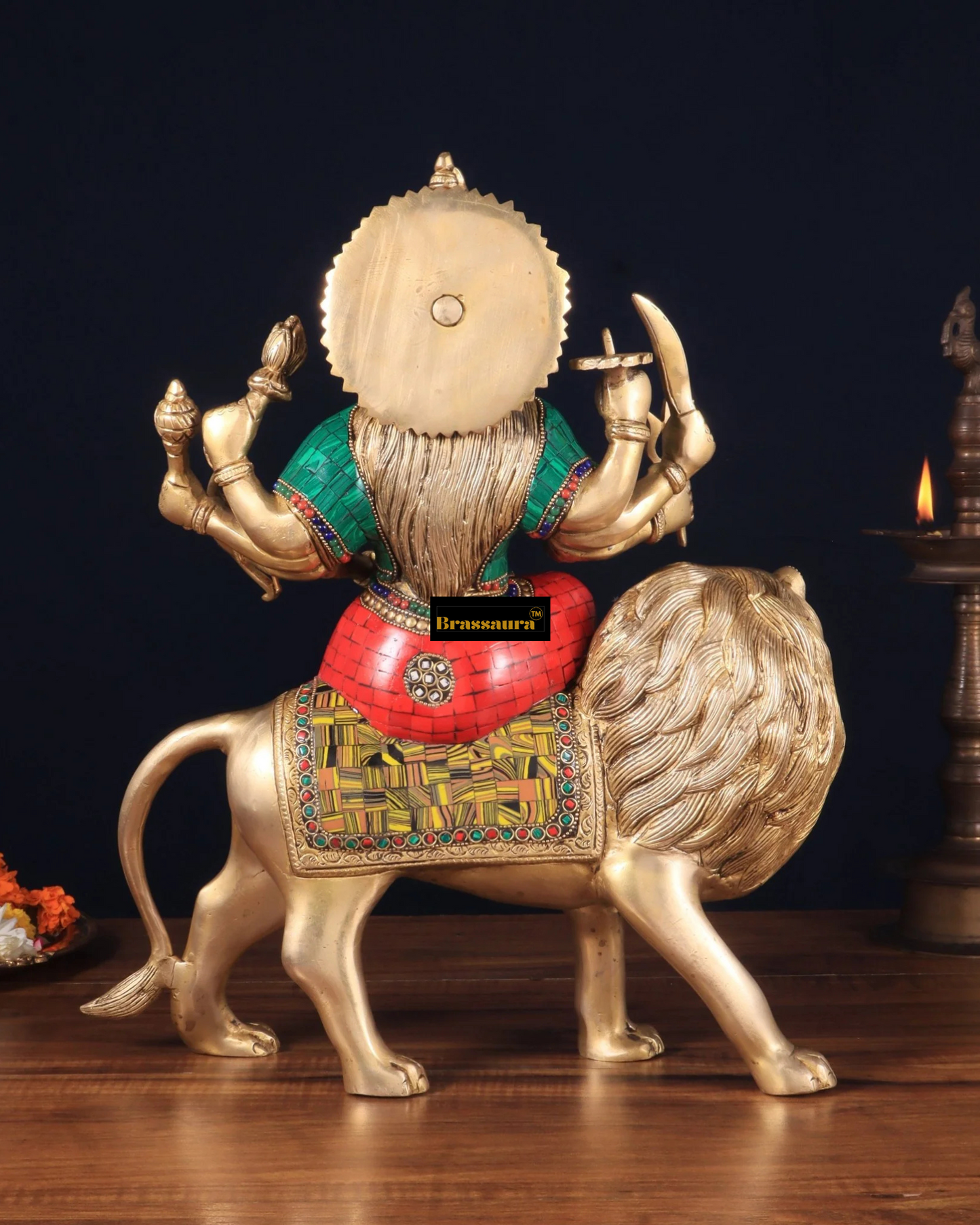 Brassaura™ 17-Inch Brass Sherawali Mata Idol with Meenakari Stonework – 12kg – Handcrafted Goddess Durga Statue for Spiritual & Decorative Spaces