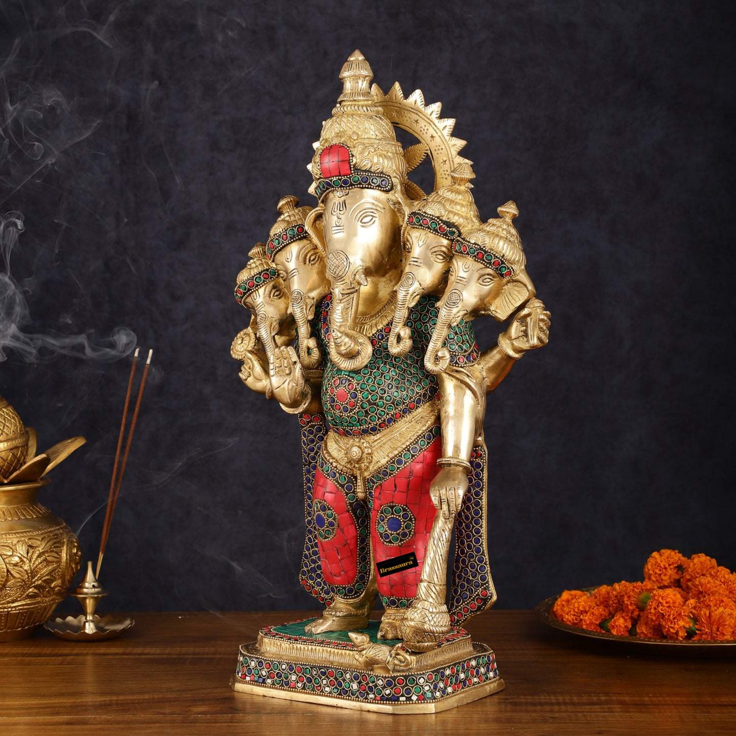 Brassaura™ Brass Superfine Standing Panchmukhi Ganesha Statue – 19" Height, 12.15 kg – Intricate Stonework