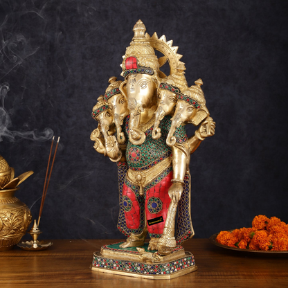 Brassaura™ Brass Superfine Standing Panchmukhi Ganesha Statue – 19" Height, 12.15 kg – Intricate Stonework