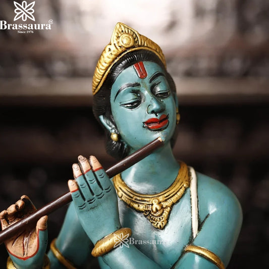Brassaura® Lord Krishna Playing Flute Idol with Multi-Color Finish | Pure Superfine Brass Handcrafted Murti | Brass Statue for Home Temple, Pooja Room | Height 29 Inches | Weight 15.63 Kgs
