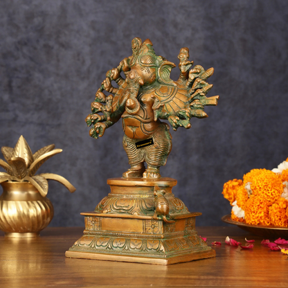 Brassaura™ Elegant Brass Dancing Ganapati Statue – 8 Inch Height | 2 kg | Vintage Bronze Finish | Artistic & Spiritual Décor
