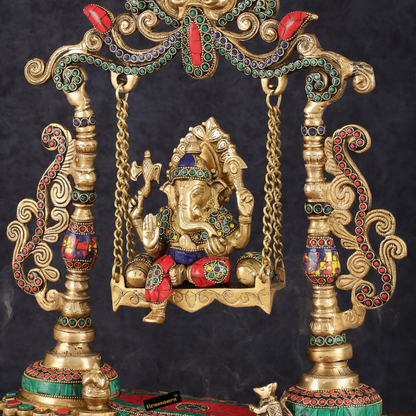 Brassaura™ Kirtimukha Ganesha on Swing – 20" Height, 4kg Weight Superfine Brass – Handcrafted with Stonework Elegance