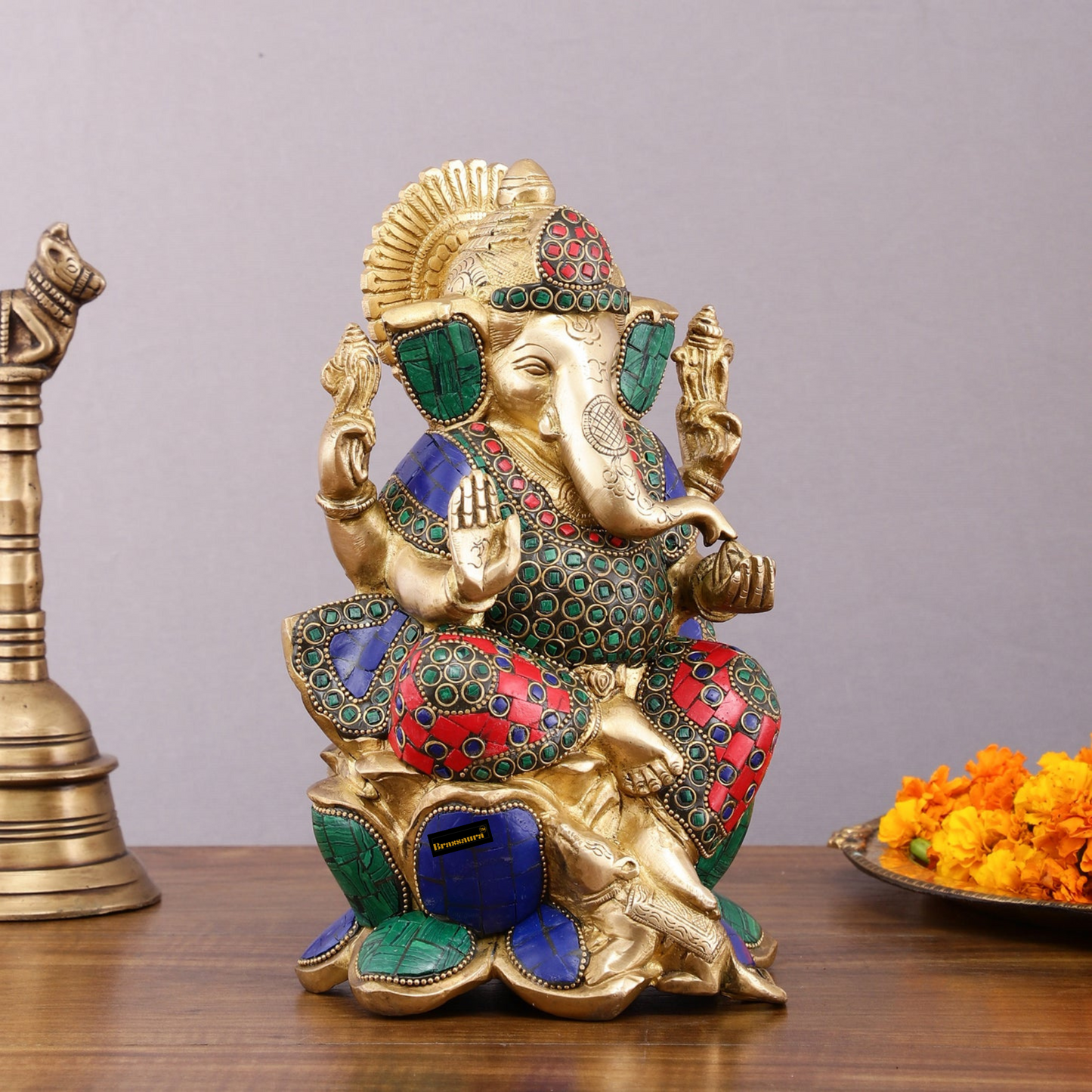 Brassaura™ Brass Gemstone Work Ganesha Idol – 10 Inch Height | 4.5 kg | Multi-Coloured | Good Luck Statue for Home Decor, Diwali, Housewarming & Wedding Gift