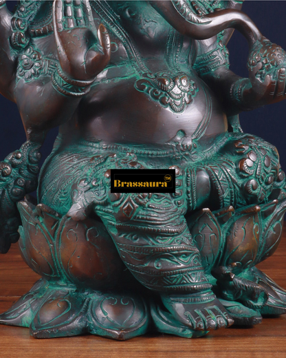 Brassaura™ Handcrafted Pure Brass Ganesha Idol with Bronze & Mud Green Patina – 12.25" Height, 8 kg – Lotus Base Divine Décor