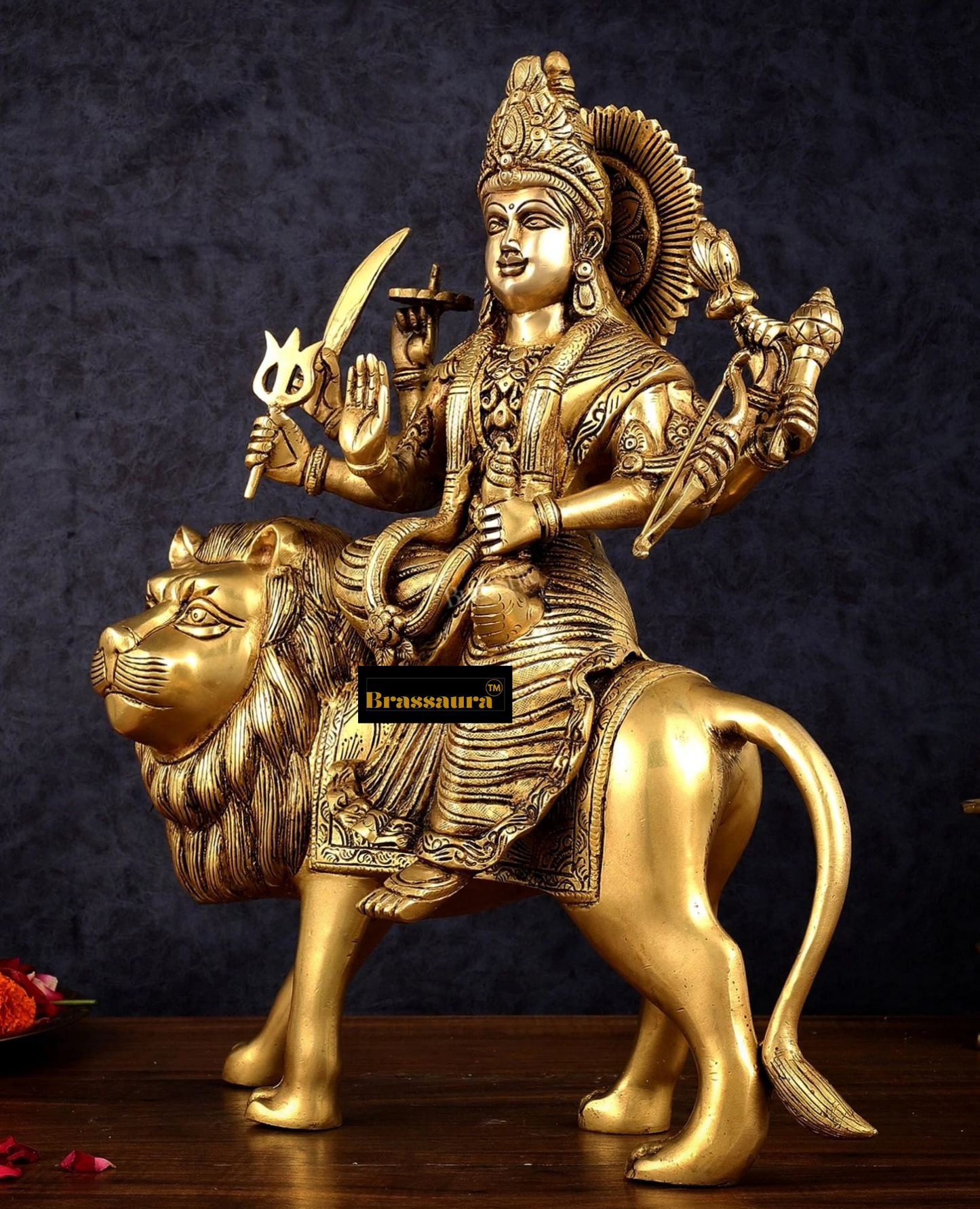 Brassaura™ Superfine Brass Sherawali Mata (Goddess Durga) Idol – 12kg, 17-Inch – Handcrafted Statue with Antique Finish for Spiritual Décor