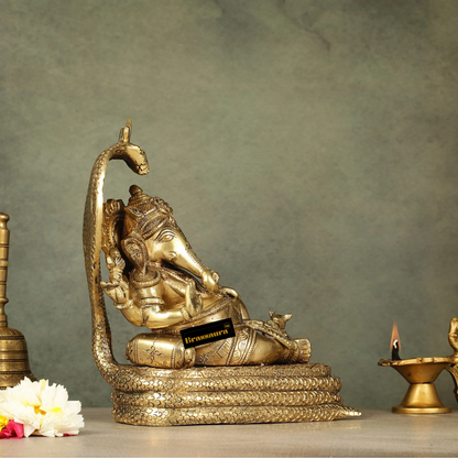 Brassaura™ Pure Brass Lord Ganesha on Sheshnaag – Height 10 Inches, Weight 6 Kgs | Auspicious Decor