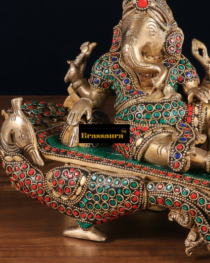 Brassaura™ Handcrafted Ganapathi on Peacock Throne – 7.5" Height, 4.5 kg – Brass Statue with Multicolored Stones