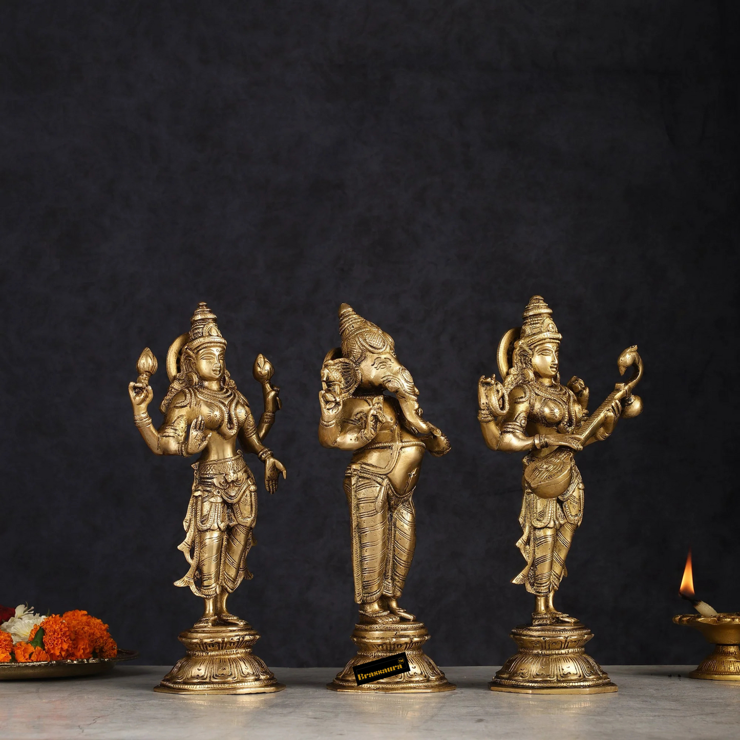 Brassaura™ Brass Standing Ganesh Lakshmi Saraswati Idol Set | Height 10 inch Each | Weight 9 Kg | Spiritual Home Decor