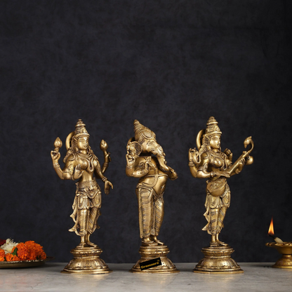 Brassaura™ Brass Standing Ganesh Lakshmi Saraswati Idol Set | Height 10 inch Each | Weight 9 Kg | Spiritual Home Decor