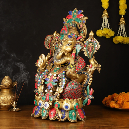 Brassaura™ Brass Superfine Lord Ganesha Idol with Lotus – 24 Inch Height | 32 kg | Stonework & Hand-Painted Eyes | Divine Home Décor