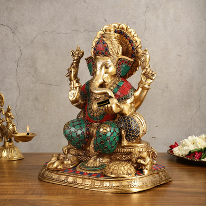 Brassaura™ Superfine Brass Ganesha Idol with Fruit Bowl & Modak Thali – 13 Inch Height | 12 Kg | Intricate Stonework