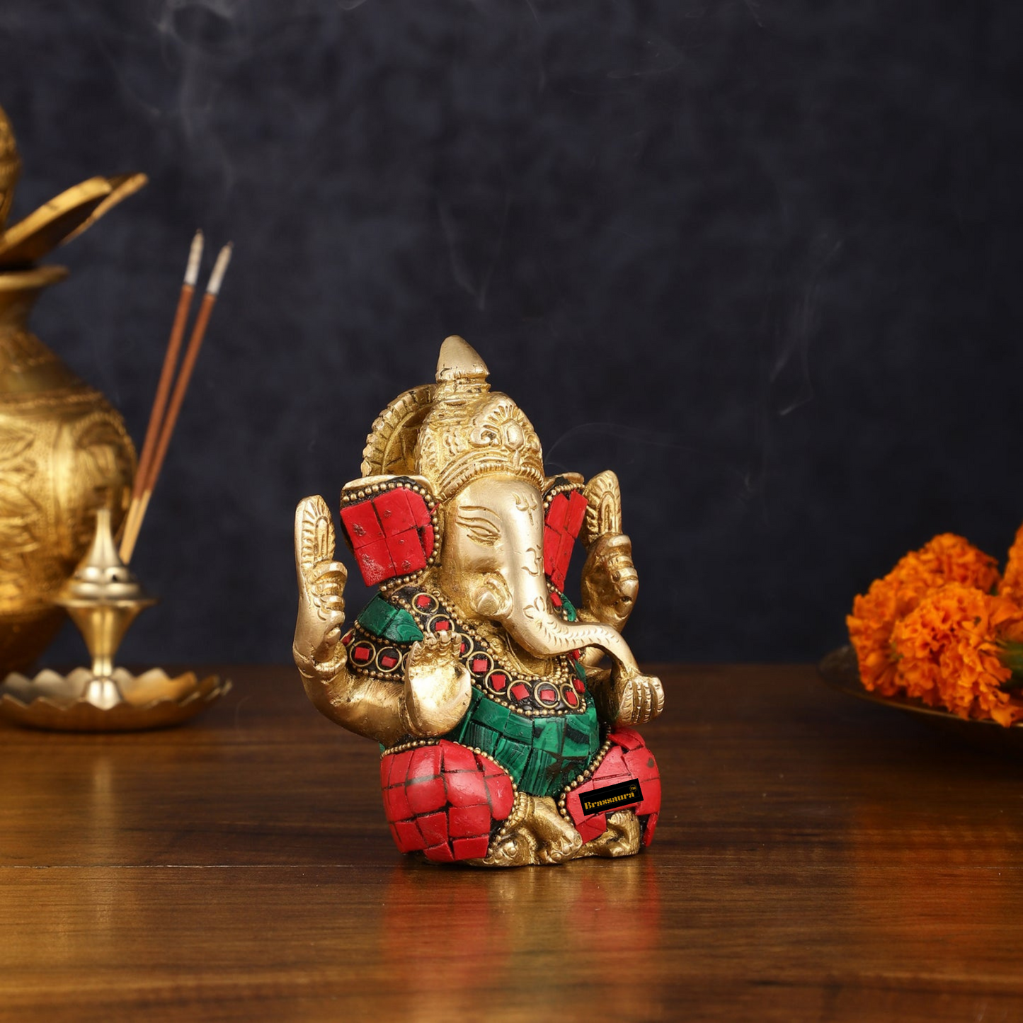 Brassaura™ Meenakari Brass Ganesha Idol – 5 Inch Height | 0.8 kg | Handcrafted with Red & Green Stones | Spiritual Gift & Home Decor