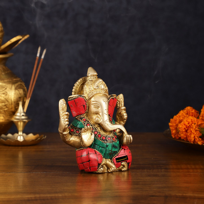Brassaura™ Meenakari Brass Ganesha Idol – 5 Inch Height | 0.8 kg | Handcrafted with Red & Green Stones | Spiritual Gift & Home Decor