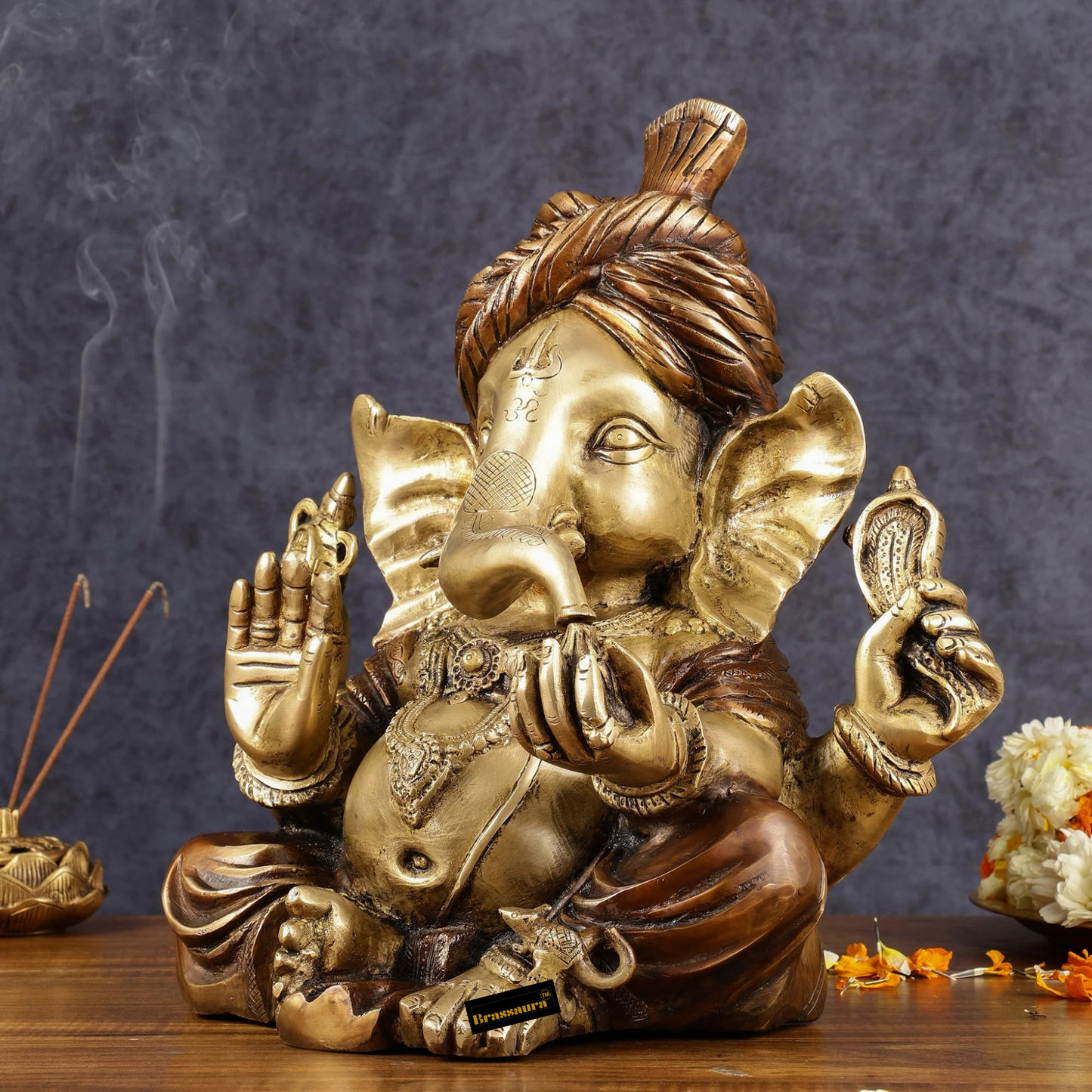 Brassaura™ Handcrafted Brass Ganesha Idol with Turban – Antique Dual-Tone Copper Gold Finish | Height 13.5 Inches, Weight 14 Kgs