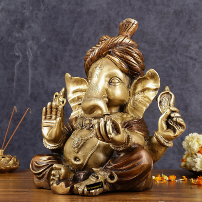 Brassaura™ Handcrafted Brass Ganesha Idol with Turban – Antique Dual-Tone Copper Gold Finish | Height 13.5 Inches, Weight 14 Kgs