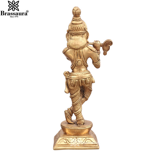 Brassaura® Golden Brass Lord Krishna Playing Flute Brass Idol | Handcrafted Krishna Murti for Home Temple, Pooja Room & Spiritual Décor | Height 9 Inches | Weight 2 Kg