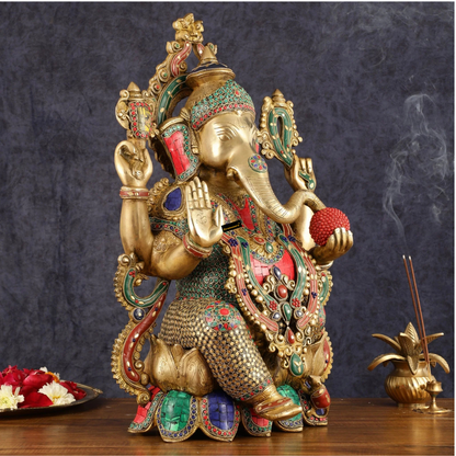 Brassaura™ Pure Brass Ganesha Idol with Natural Stones | Height 21 inch | Weight 25 Kg | Spiritual Home Decor