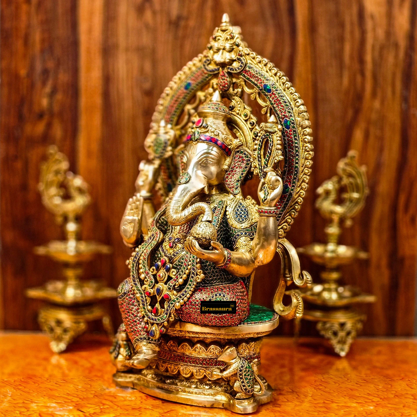 Brassaura™ Brass Ganesha Statue with Lotus Throne & Prabhavali – 26 Inch Height | 35 Kg | Modak & Mooshak Details