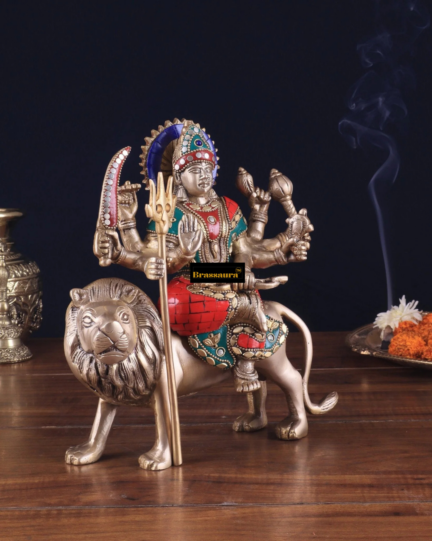 Brassaura™ Pure Brass Goddess Durga Idol – 4.5kg, 9-Inch – Handcrafted Statue for Tables, Temples & Entrances