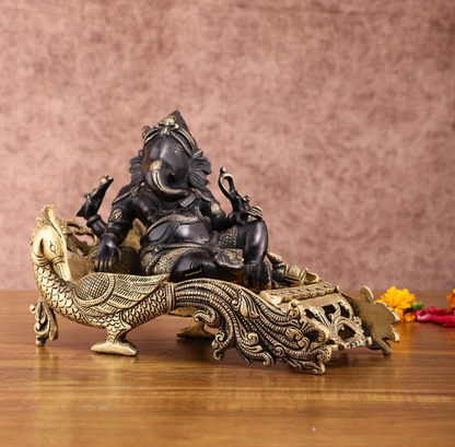Brassaura™ Black Gold Brass Lord Ganapathi Statue – 7.5 Inch Height | 4.5 kg | Peacock Throne | Handcrafted Spiritual Décor