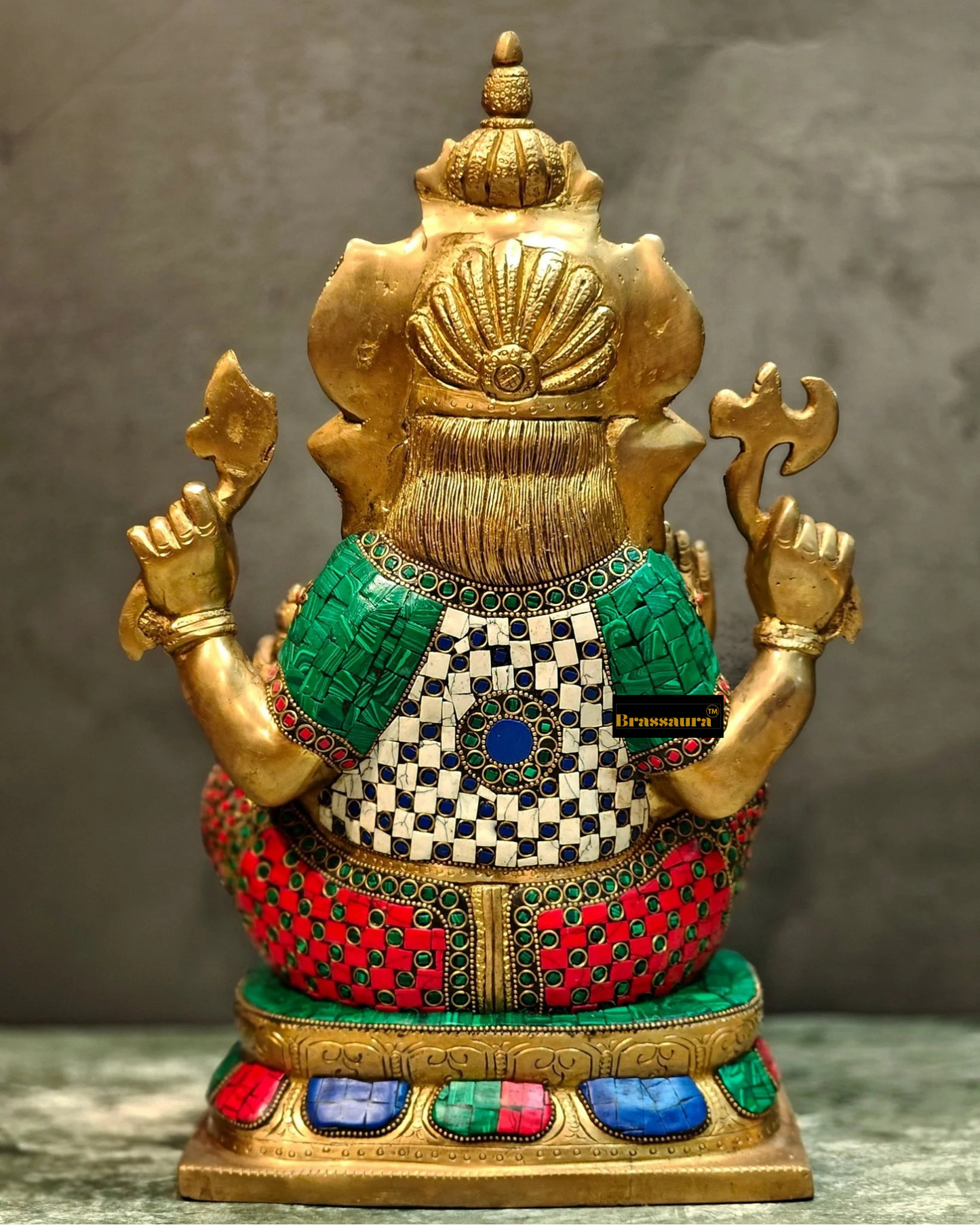 Brassaura™ 16-Inch Brass Ganapati Idol with Semi-Precious Stones – Weight 12.5 Kgs