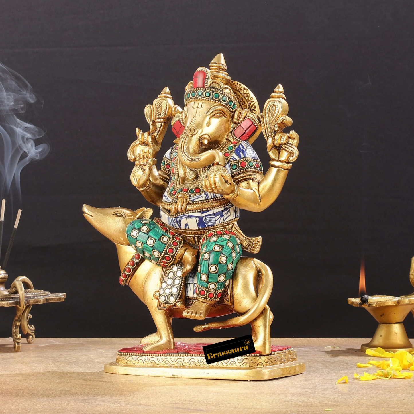 Brassaura™ Brass Ganesha on Mouse – Meenakari Work | Height 10 Inches, Weight 4 Kgs