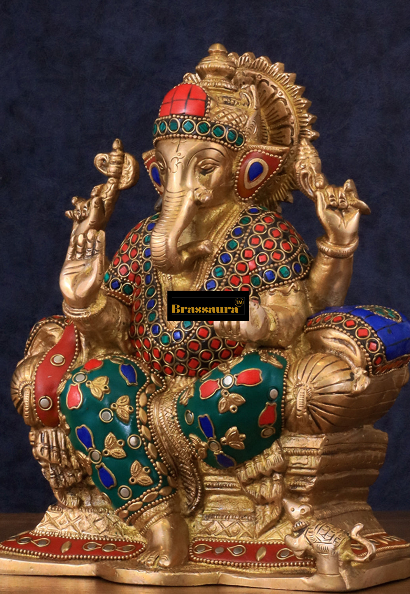 Brassaura™ Handcrafted Brass Ganesha Idol with Meenakari Stonework – 10 Inch Height | 5 kg | Artistic Spiritual Décor
