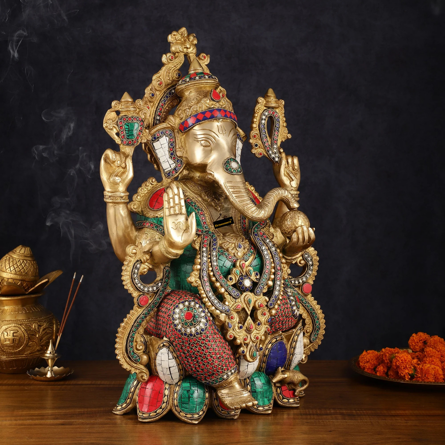 Brassaura™ Grand Brass Ganesha Idol on Lotus – 21 Inch Height | 24 kg | Intricate Stonework | Spiritual & Artistic Home Décor