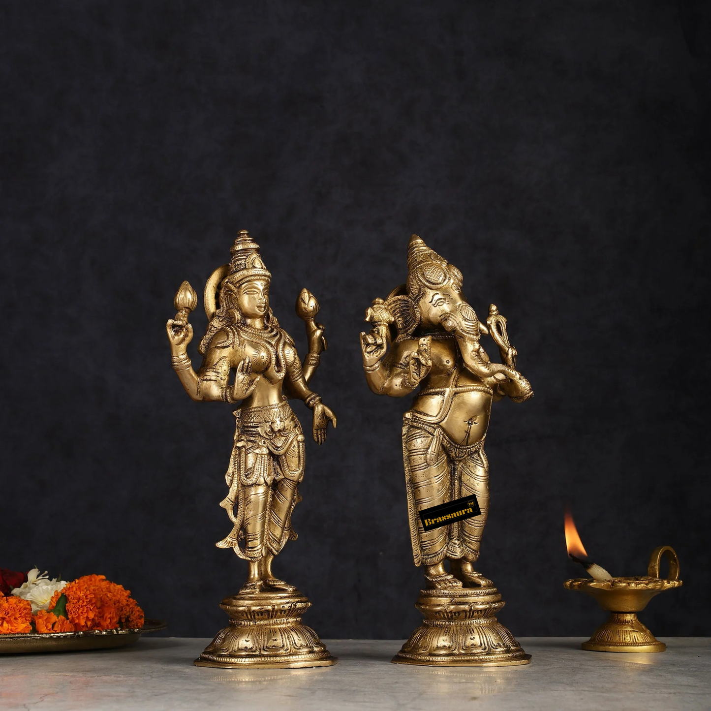 Brassaura™ Brass Standing Ganesh Lakshmi Idol Set | Height 10 inch | Weight 9 Kg | Spiritual Home Decor