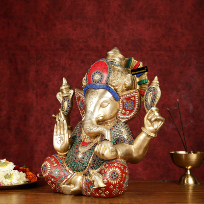 Brassaura™ Large Pure Brass Ganapati Statue – Height 15 Inches, Weight 14.5 Kgs | Multicolor Stonework