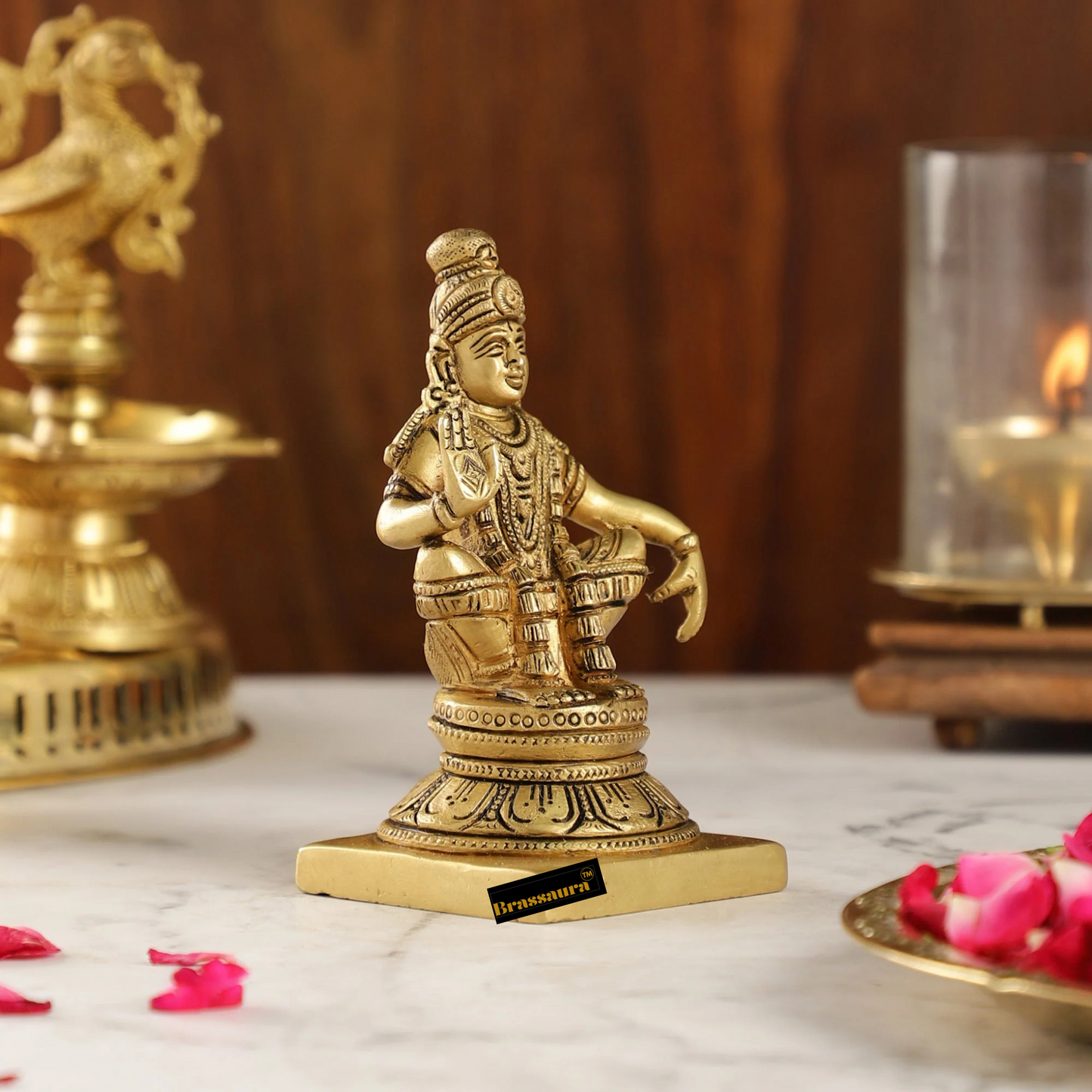 Brassaura™ Brass Lord Ayyappan Swamy Idol – 5 inch | 0.9 kg | Superfine Brass Statue with Bow & Arrow for Home Temple & Decor