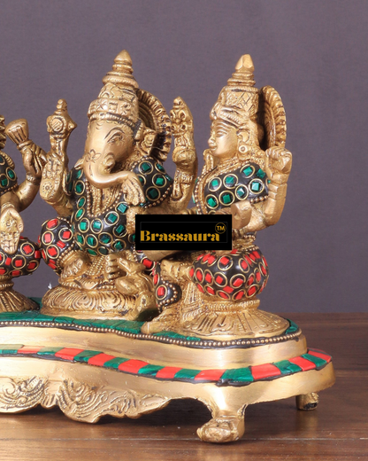 Brassaura™ Brass Ganesha Lakshmi Saraswati Idol – 6.2" Height, 3 kg – Auspicious Trio for Wealth, Wisdom & Success