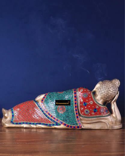 Brassaura™ Brass Resting Buddha Idol with Meenakari Stonework – Height 12 Inches, Weight 18 Kgs
