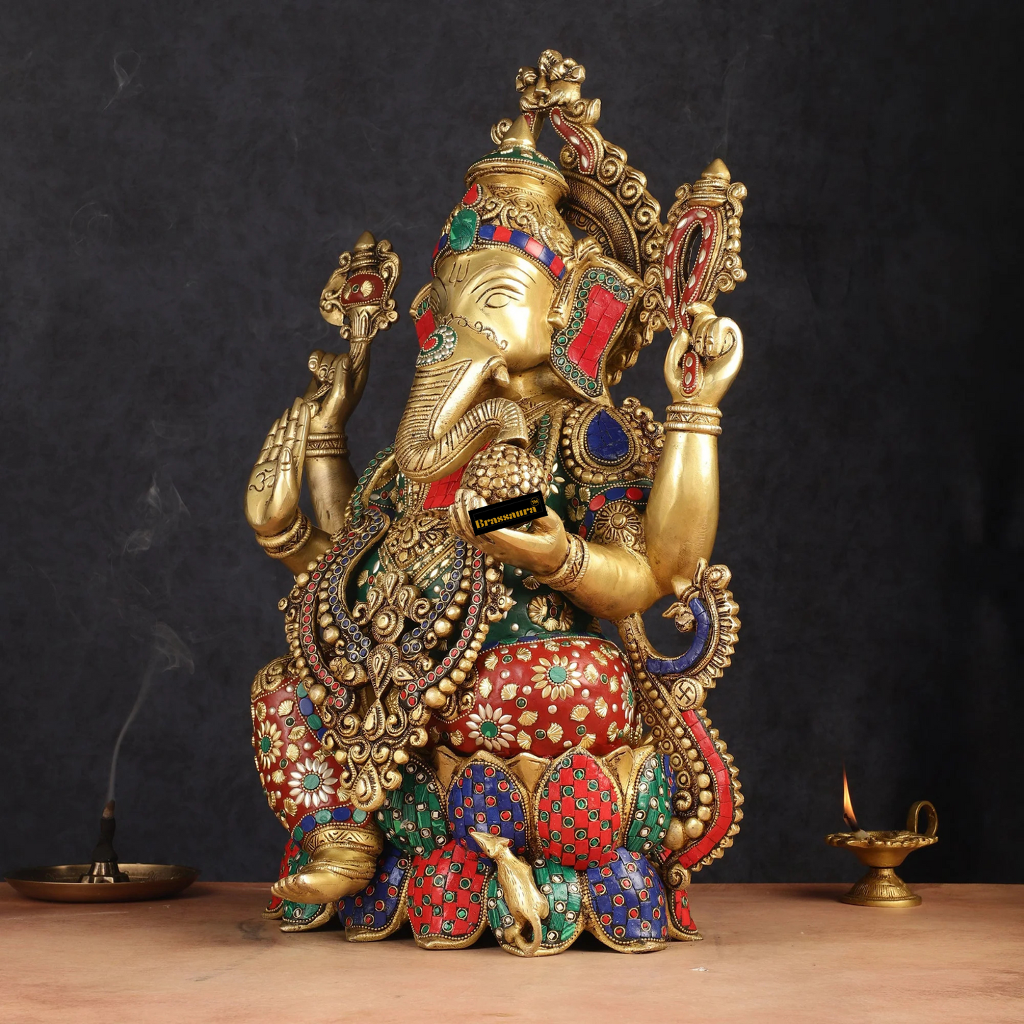 Brassaura™ Handcrafted Brass Ganesha Idol on Lotus with Mooshak | Height 21 inches | Weight 22 Kgs | Meenakari Stonework | Spiritual Decor