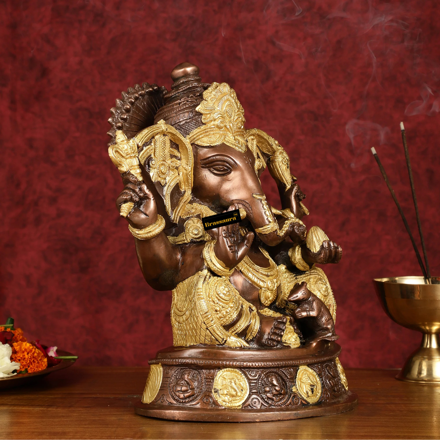 Brassaura™ Pure Brass Lord Ganesha Statue – South Copper Gold Finish | Height 11 Inches, Weight 7.8 Kgs