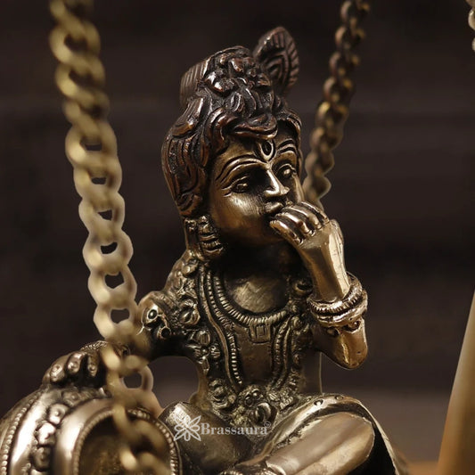 Brassaura® Bal Krishna Jhula Swing Idol | Pure Brass Handcrafted Antique Black & Golden Finish Laddu Gopal on Jhula for Home Temple & Décor | Height 16 Inches | Weight 7 Kgs