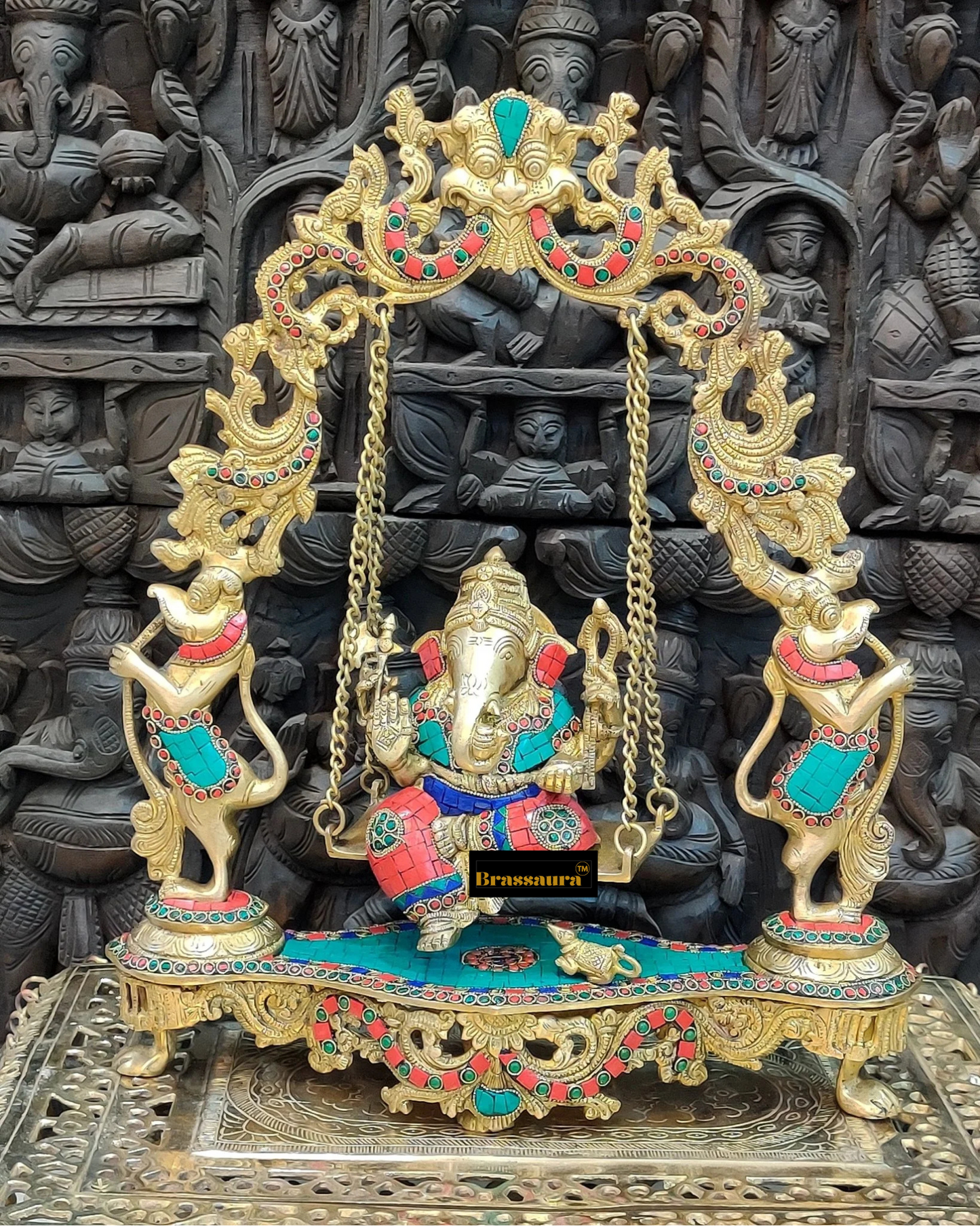 Brassaura™ Brass Lord Ganesha Swing with Multicolor Stonework – 18 Inch Height | 7.5 Kg | Elegant Home Decor & Gift