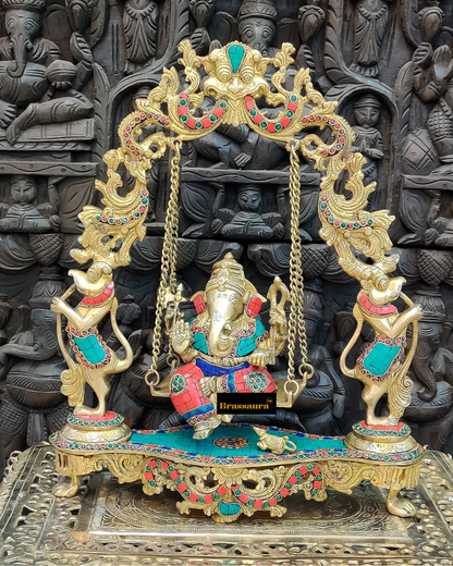 Brassaura™ Brass Lord Ganesha Swing with Multicolor Stonework – 18 Inch Height | 7.5 Kg | Elegant Home Decor & Gift
