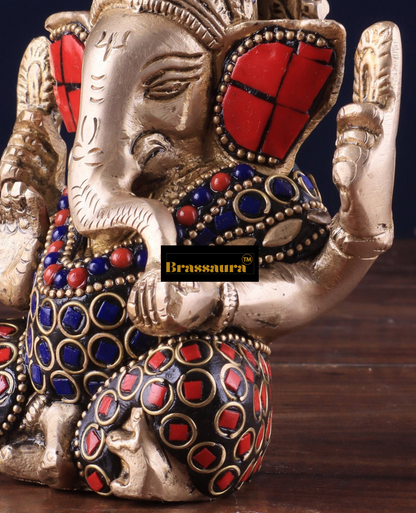 Brassaura™ Small Pure Brass Lord Ganesha Idol – 5" Height, 0.8 kg – Intricately Adorned with Stonework