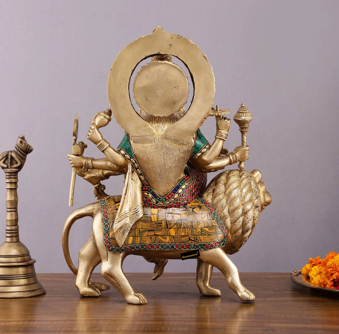 Brassaura™ 15-Inch Brass Durga Mata Idol – 10kg – Handcrafted Statue with Meenakari Stonework for Home Temple & Sacred Décor