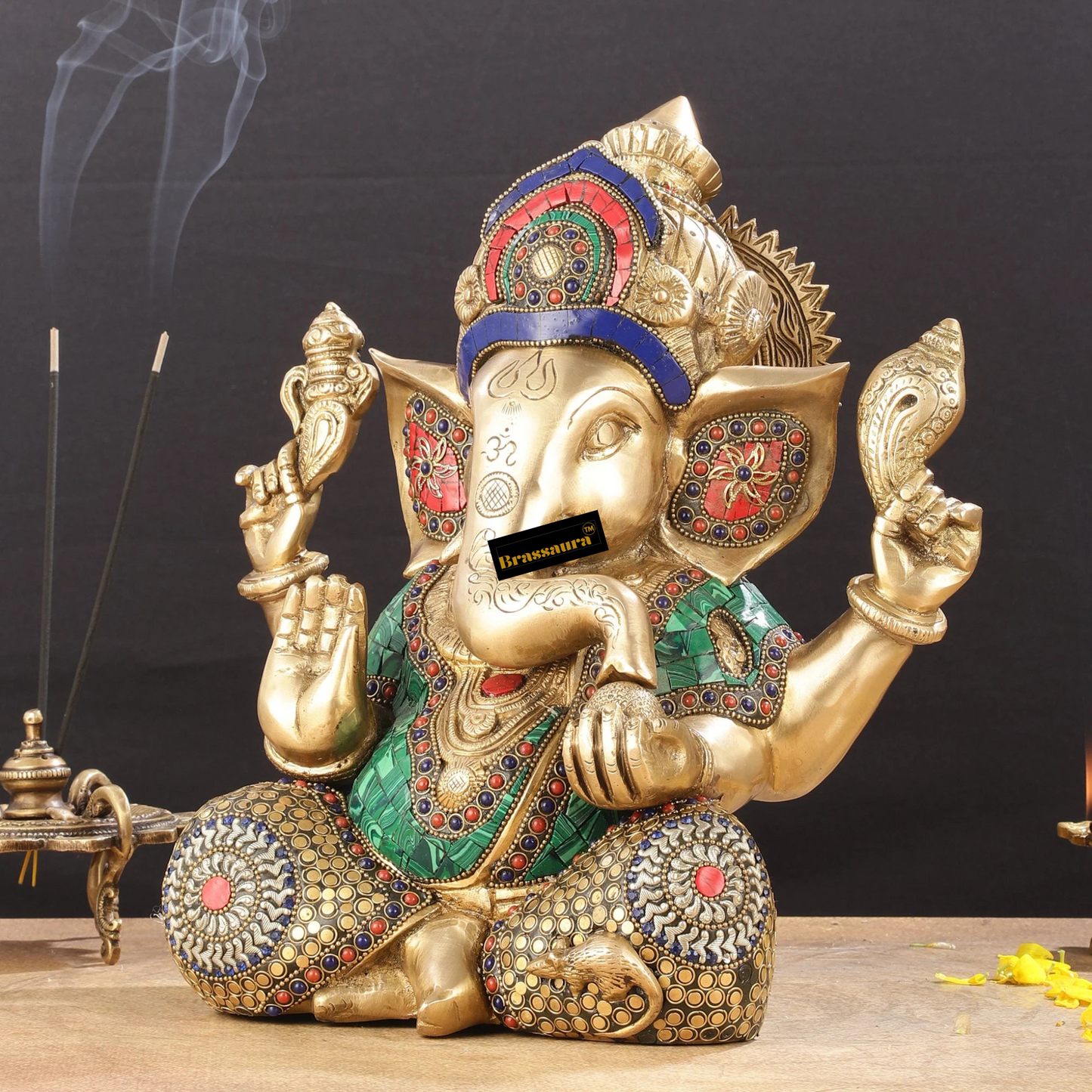 Brassaura™ Ganapati Brass Idol – Intricate Stonework | Height 12 Inches, Weight 9 Kgs