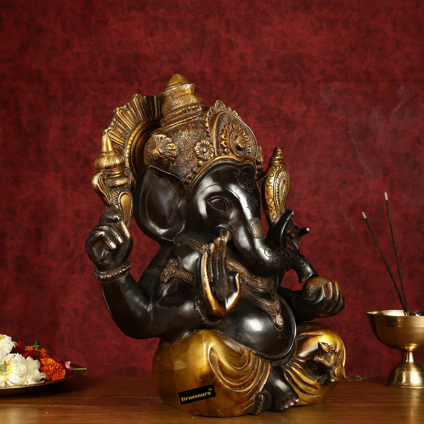 Brassaura™ Large Pure Brass Ganapati Statue – Black Finish | Height 15 Inches, Weight 13.5 Kgs