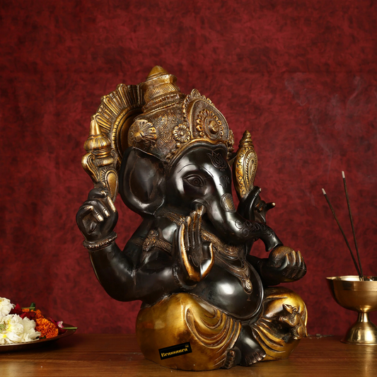 ब्रासौर्रा® बड़ी शुद्ध पीतल गणपति प्रतिमा - काली फिनिश | ऊंचाई 15 इंच