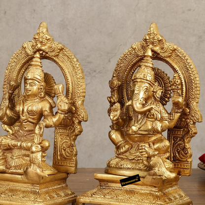 Brassaura™ Pure Brass Ganesha & Goddess Lakshmi Idol Set | Ganesha 7" H | Lakshmi 7.5" H | Total Weight 5 Kg | Spiritual Decor