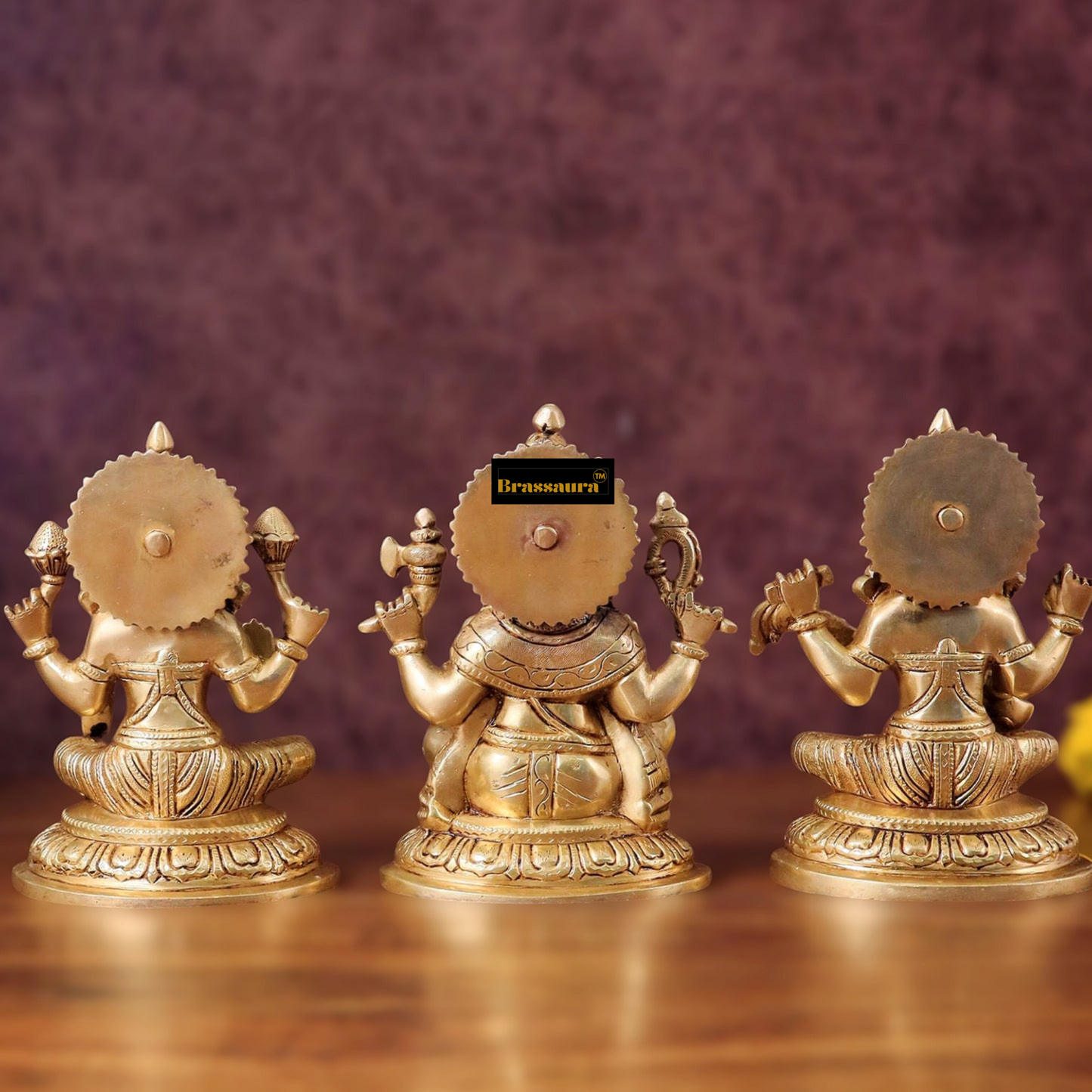 Brassaura™ Pure Brass Ganesha, Lakshmi & Saraswati Idol Set – 7.5" Height, 7.4 kg – Symbol of Blessings, Wisdom & Prosperity