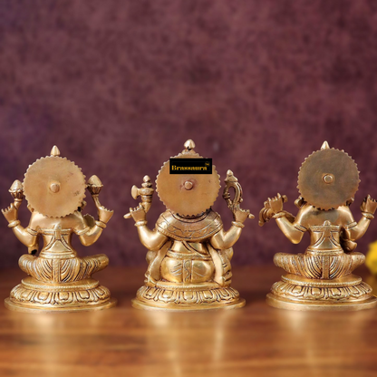Brassaura™ Pure Brass Ganesha, Lakshmi & Saraswati Idol Set – 7.5" Height, 7.4 kg – Symbol of Blessings, Wisdom & Prosperity