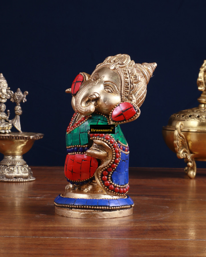 Brassaura™ Meenakari Brass Ganesha Idol – 5 Inch Height | 1 kg | Handcrafted with Stonework