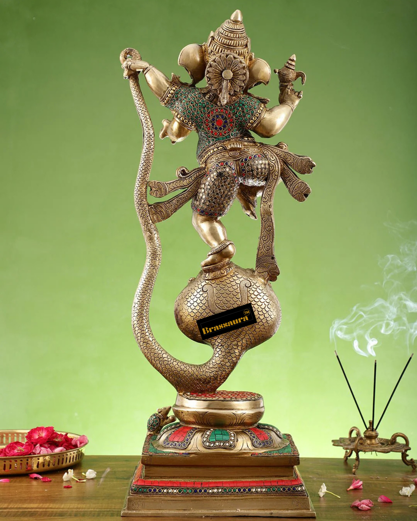 Brassaura™ Brass Ganapathi Dancing on Vasuki Nag Statue with Meenakari Stonework – 26.5 Inch Height | 18 Kg